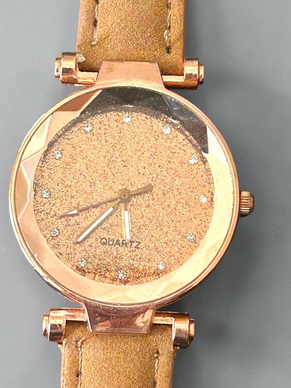 Rose Gold Faceted Case Watch Women Sand Glitter Dial Tan Suede Strap Working
